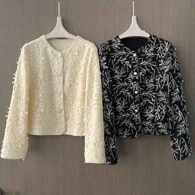 欧洲站2026春季新款欧货圆领单排扣镂空钩花小香风气质百搭外套女