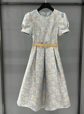 2024蓝色妖姬高极感碎花名媛法气质夏季法式泡泡袖收腰复古连衣裙