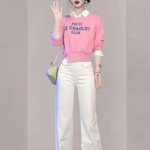 2023高端春夏新款假两件卫衣上衣时尚设计感T恤牛仔裤休闲套装