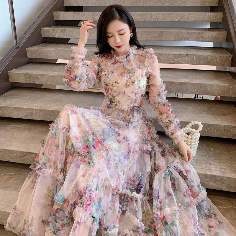 2025仙女裙甜美初恋超仙法式长款连衣裙网纱碎花裙子夏公主裙