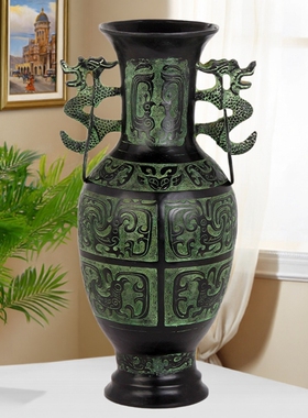 上海仿古青铜器双龙瓶家居摆件古典装修书房摆件复古装饰开业礼品