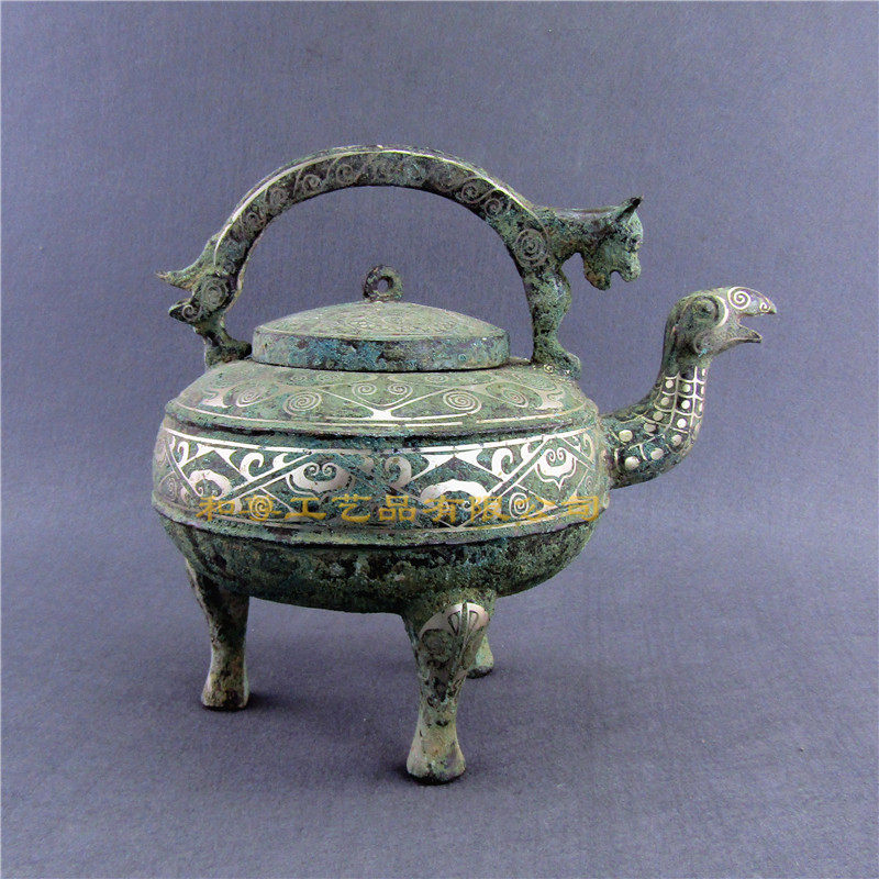 仿古青铜器错银提梁卣送老板办公室家居摆件别墅装修大堂古典风格