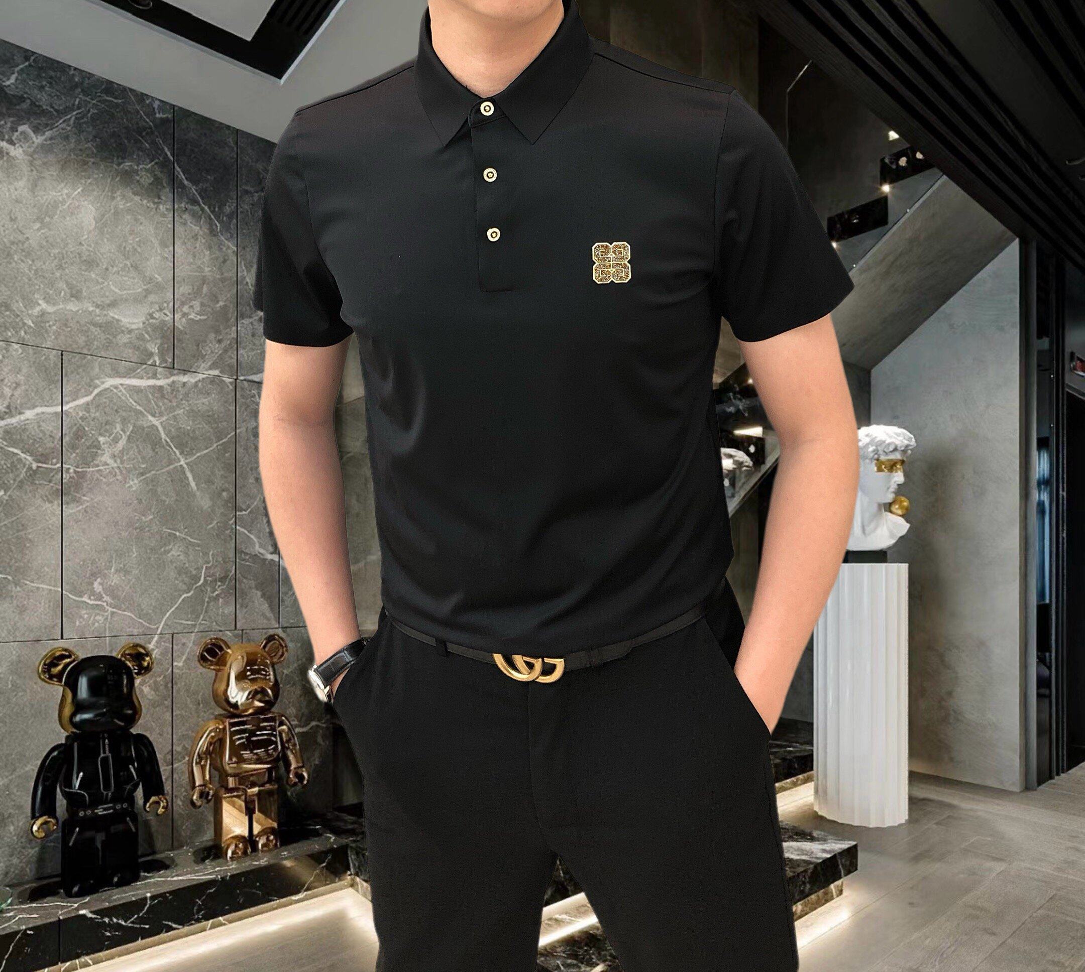 高端轻奢polo衫短袖夏季2024新款休闲男士翻领简约烫钻T恤上衣潮