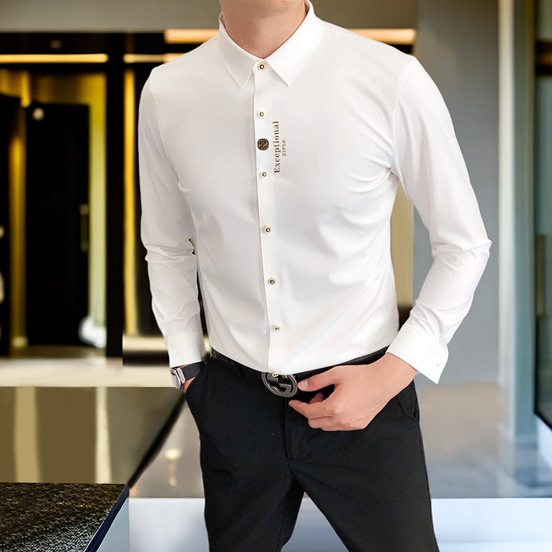 设计高级感免烫白色长袖衬衫男士商务修身正装结婚礼服衬衣春秋款