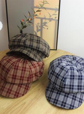 复古格纹八角帽画家贝雷帽子女时尚百搭显脸小英伦春秋情侣鸭舌帽
