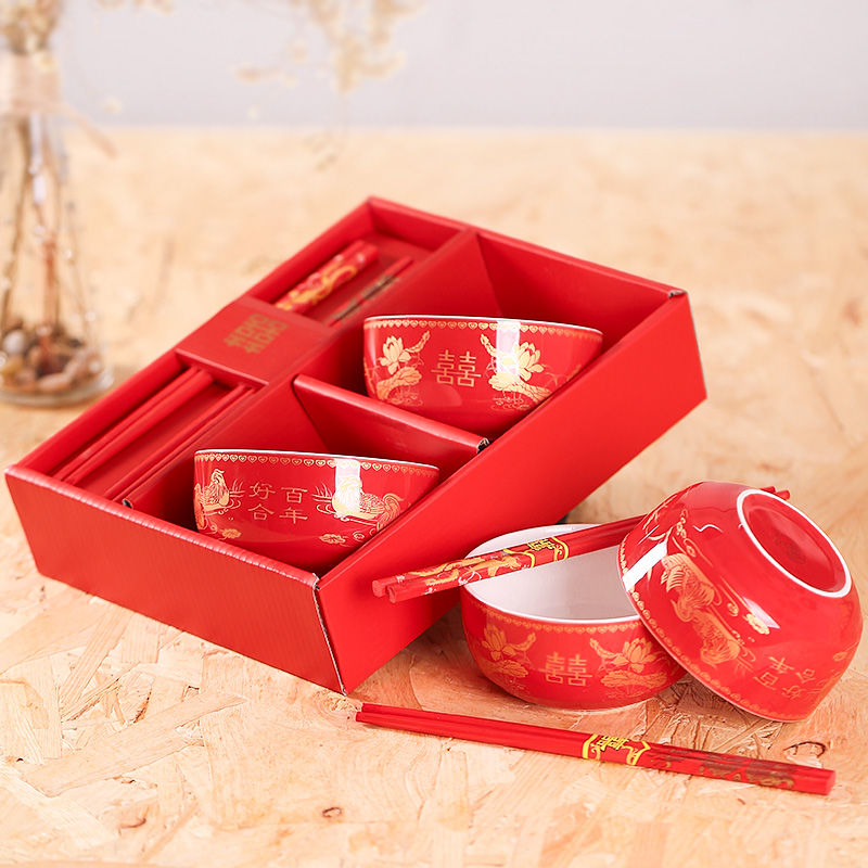 結婚慶用品創意回禮龍鳳喜字碗碟套裝陶瓷餐具婚禮禮物碗筷禮盒裝