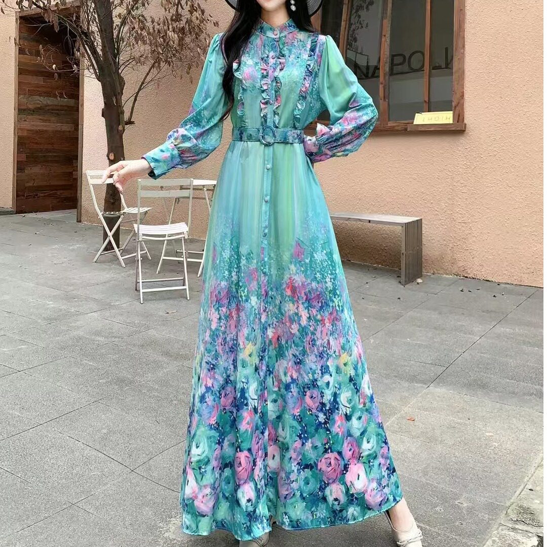 2024秋季新款波浪边阔裙摆长款复古水彩印花连衣裙