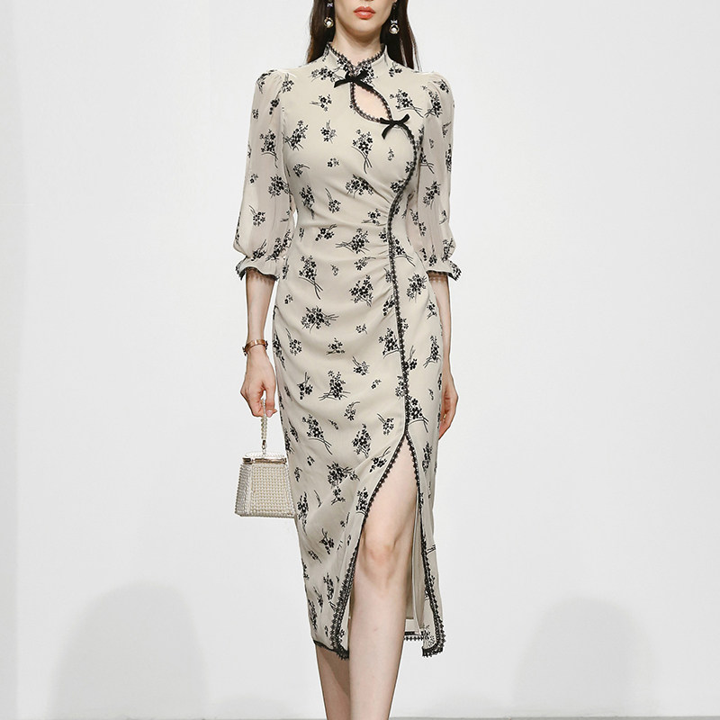 2024韩版旗袍新款法式立领夏装短袖显瘦中长款植绒连衣裙七分袖