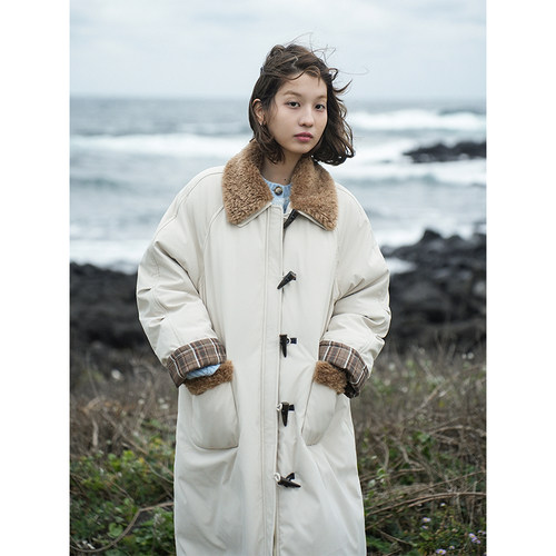 Botanique植物学济州岛冬日 90白鸭绒牛角扣可拆卸毛领长款羽绒服