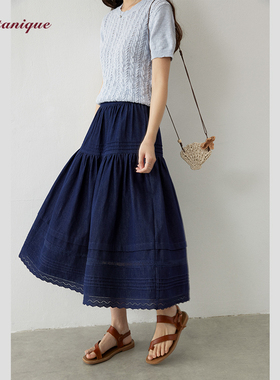 Botanique植物学 蕾丝花边拼接牛仔橡筋腰伞裙半身裙女夏季长裙子