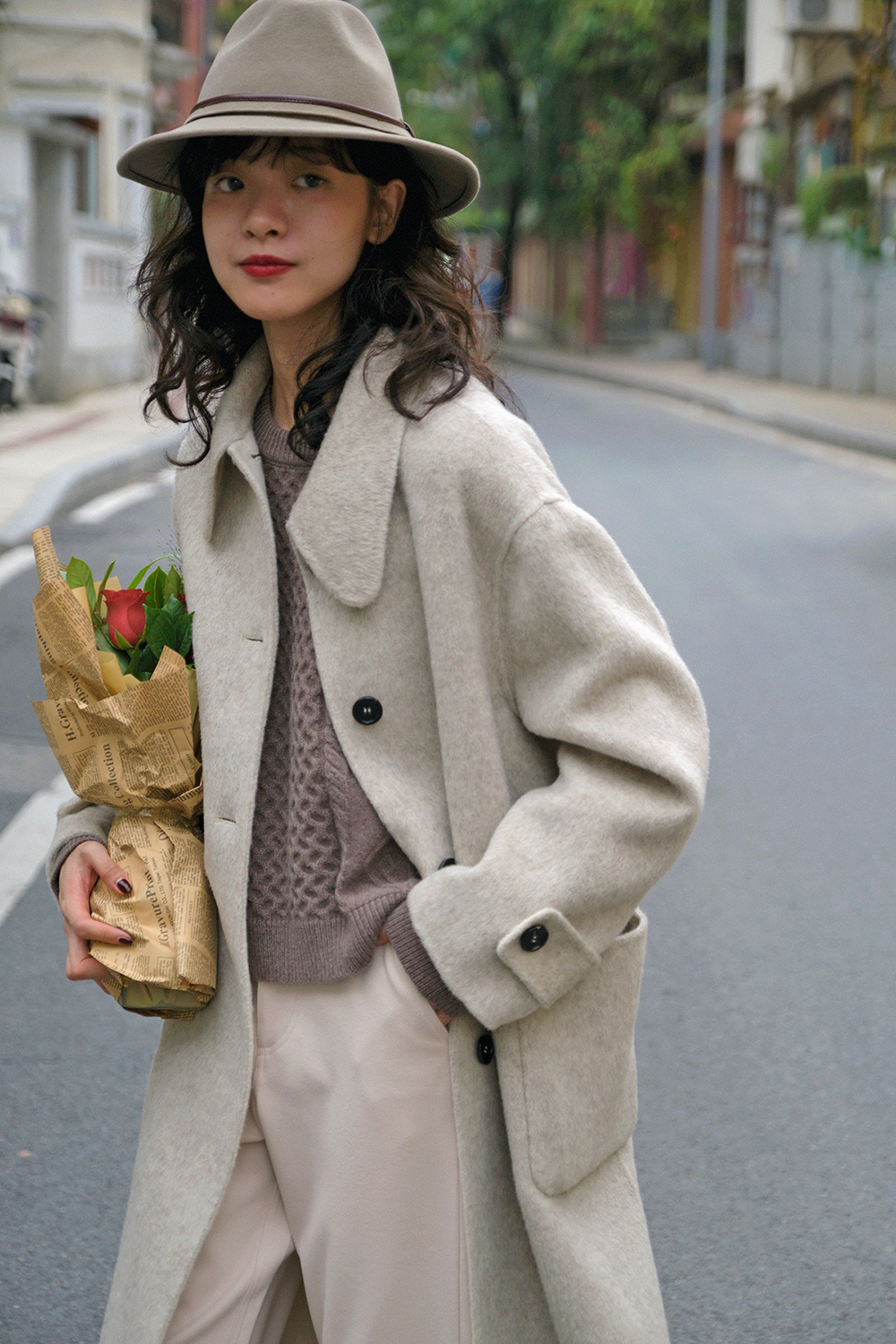 botanique兔耳朵羊毛双面呢大衣