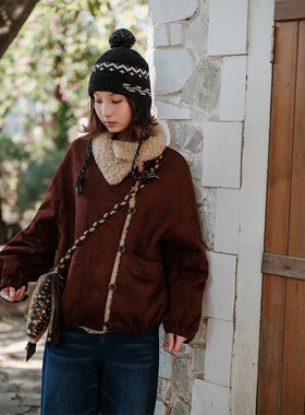 Botanique植物学“肉桂红酒”复古麂皮绒拼接羊毛新雪丽棉服