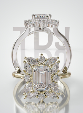 18K金祖母绿星芒群镶定制婚戒