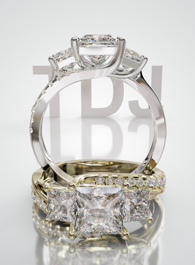 18K金公主方三石半圈排镶戒轻奢小众设计感婚戒可定制百搭食指戒