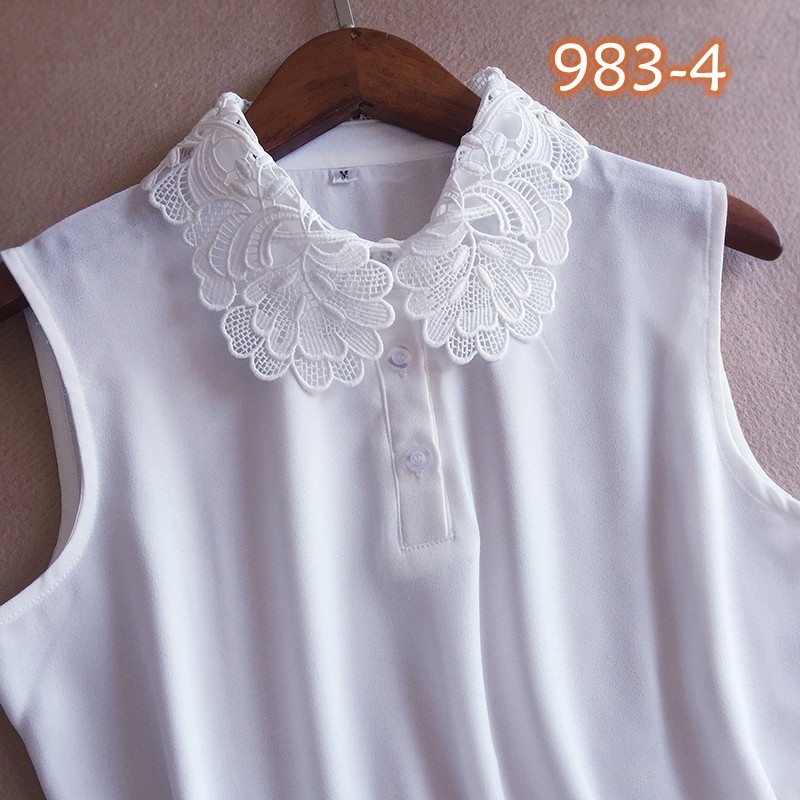 韩版蕾丝无袖白衬衣女秋冬内搭打底衫翻领雪纺衫大码百搭背心上衣