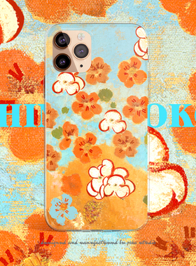 橙色遇见原创复古花朵油画手机壳适用于苹果华为磨砂精孔透明软壳