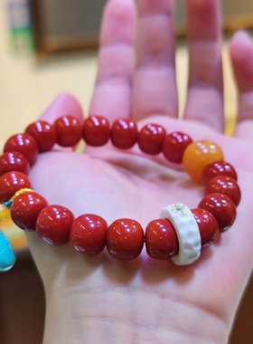 天然正宗川料南红老形珠手链满色满肉柿子红搭配天然花蜡珠松石