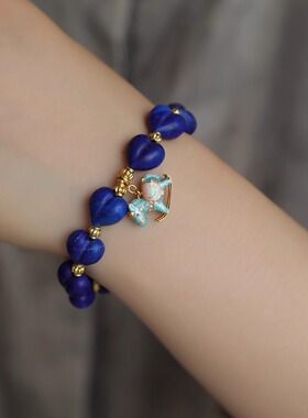 高端定制天然青金石爱心屁桃手链搭配松石配珠纯银鎏金珐琅彩小马