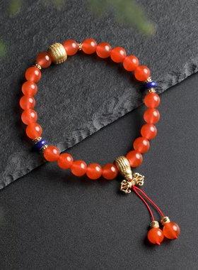 天然精品保山冰红手串色泽艳丽荧光感强搭配青金石S925纯银配饰