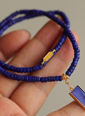 天然青金石双圈手链搭配纯银鎏金上上签配饰青金石无事牌吊坠