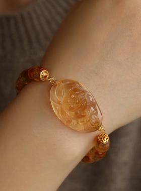 孤品高端定制天然黄水晶精雕莲花牌巴西黄搭配天然黄水晶磨面枣珠