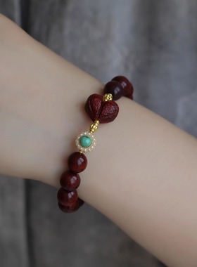 简约精致天然小叶紫檀手链搭配小叶紫檀爱心纯银鎏金镶嵌松石珍珠