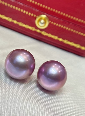 G18K金素耳钉11-12mm爱迪生淡水珍珠浓郁妖紫色简约时尚太惊艳啦