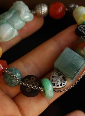 高端定制 天然翡翠多宝手链貔貅黄翡南红元宝翡翠回纹珠檀木红翡