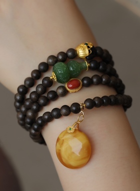 高端定制天然沉香108粒长链搭配天然碧玉葫芦纯银鎏金镶嵌南红