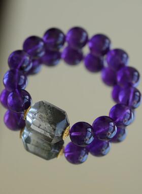 高端定制天然巴西紫水晶手链搭配天然绿幽灵桶珠聚财祝事业