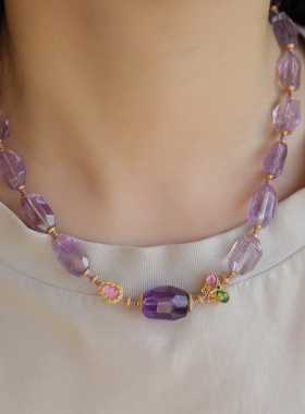 高端定制天然紫水晶磨面桶珠搭配纯银鎏金镶嵌碧玺蝴蝶紫水晶随形