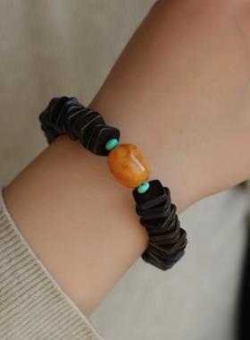 文玩风天然沉香手链搭配天然原矿松石隔珠天然老花蜡随形简约大气