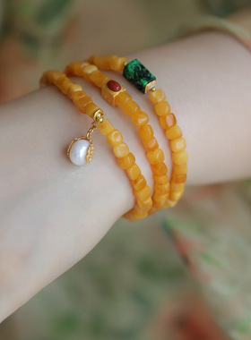 超美的设计天然蜜蜡多圈纯银鎏金镶嵌翡翠回纹珠南红配饰淡水珍珠