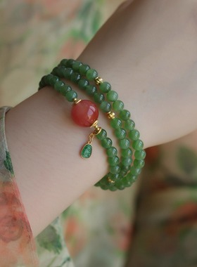 天然碧玉多圈搭配天然冰飘南红配珠纯银鎏金镶嵌翡翠如意锁吊坠