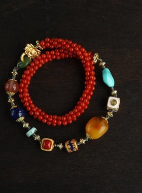 天然樱桃红南红手链配天然原矿松石随形南红青金纯银鎏金莲花挂扣