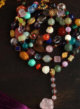 高端定制多宝斜跨天然蜜蜡青金石舒俱来粉晶白水晶南红紫水晶萤石