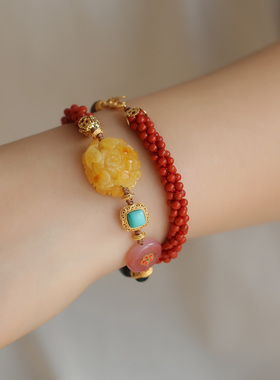 超美的纯手工手链天然满色满肉南红手链搭配天然蜜蜡牡丹花松石