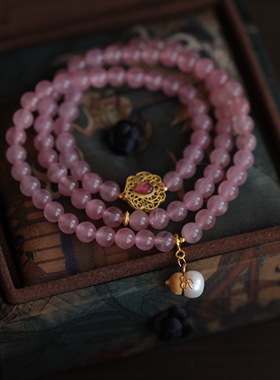 高级粉天然马粉多圈纯银鎏金镶嵌碧玺配饰纯银鎏金镶嵌淡水珍珠63