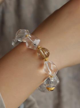 天然白水晶随形手链搭配天然金发晶配珠纯银鎏金镶嵌紫牙乌石榴石