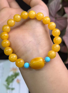 天然精美俄料鸡油黄蜜蜡手链搭配蜜蜡随形菱镁矿上手超美简约