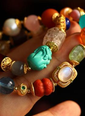 高端定制纯银鎏金镶嵌月光石饰南红并蒂莲海蓝宝紫云母和田玉貔貅