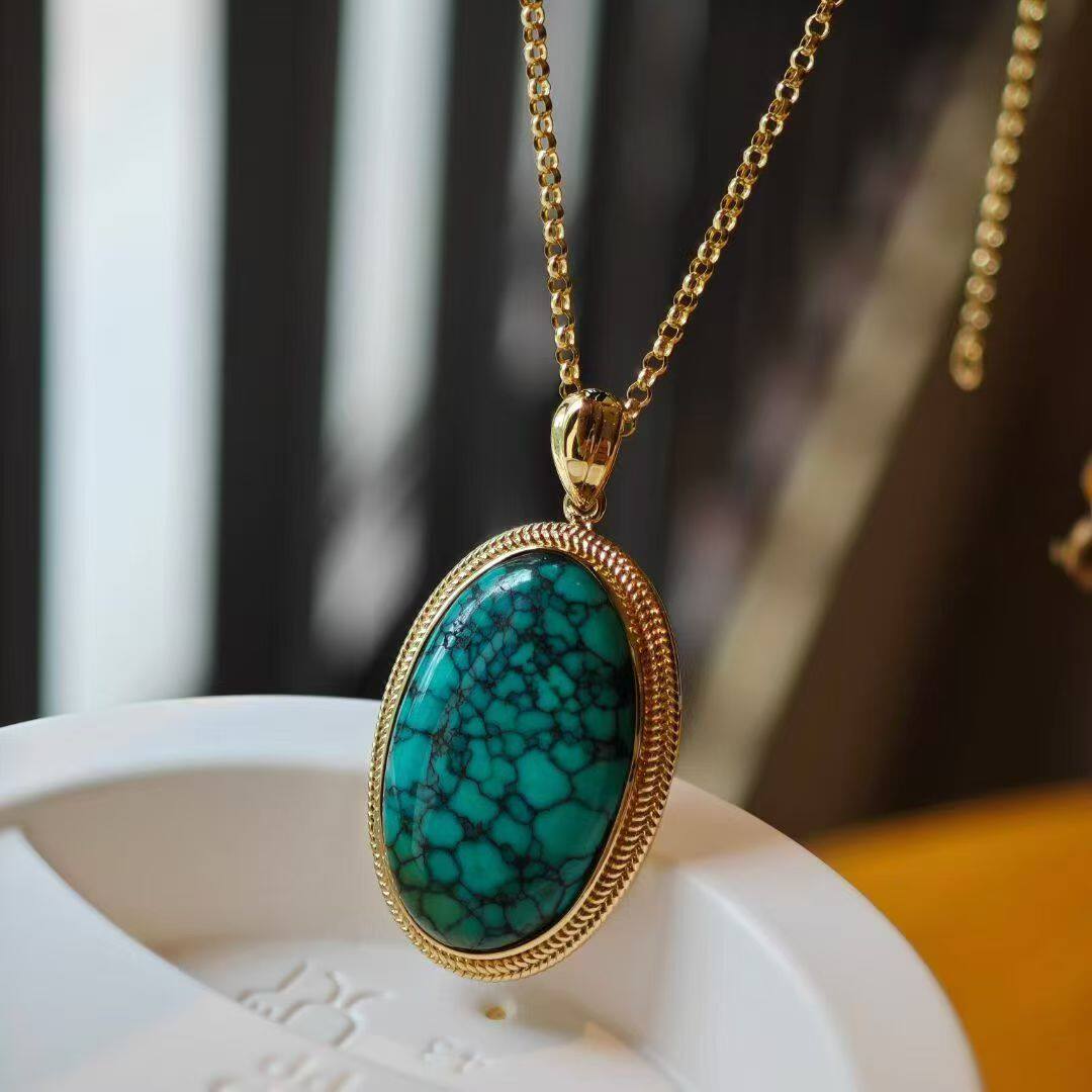 18K金钻石镶嵌原矿高瓷网花绿松吊坠老油绿高瓷饱满集美网花绿松