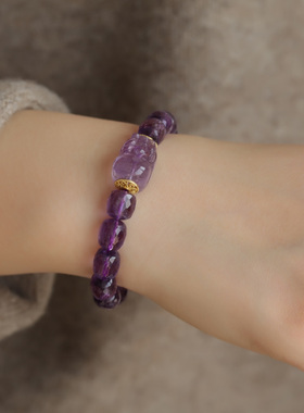 高端定制天然巴西紫水晶磨面枣珠手链通透又成色浓郁的紫简约大气