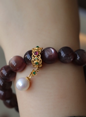 天然紫云母手链配纯银鎏金镶嵌紫牙乌石榴石葫芦配饰纯银鎏金珍珠
