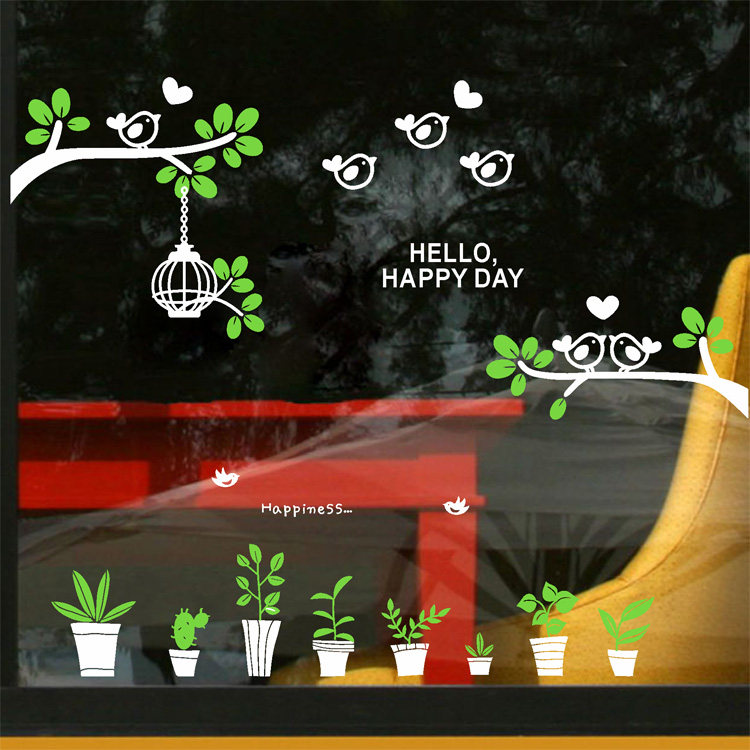 浅绿树枝小鸟 墙贴纸植物花草盆可爱卧室电视墙店铺玻璃橱窗装饰,家居饰品,软装墙贴,淘宝优惠券,粉丝福利购,淘宝优惠卷