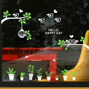 浅绿树枝小鸟 墙贴纸植物花草盆可爱卧室电视墙店铺玻璃橱窗装饰