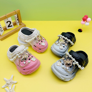 男女童亲子拖鞋 新款 软底防滑凉鞋 百搭洞洞鞋 珍珠链条皇冠小熊时尚