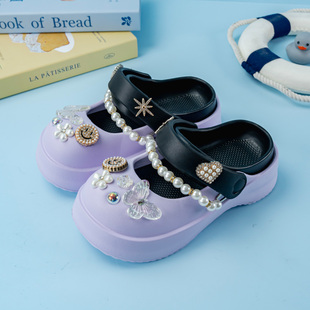 防滑增高包头鞋 新款 穿搭拖鞋 珍珠链条蝴蝶女童洞洞鞋 亲子外穿时尚