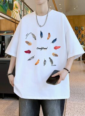 26585新款2026印花港风朱地棉短T男潮牌潮流宽松百搭半截袖上衣休