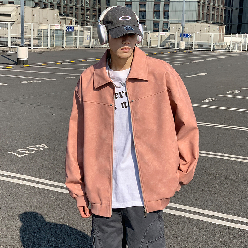2377棒球服 2025秋季新款皮衣男士粉色情侣款外套棒球服抖音爆款